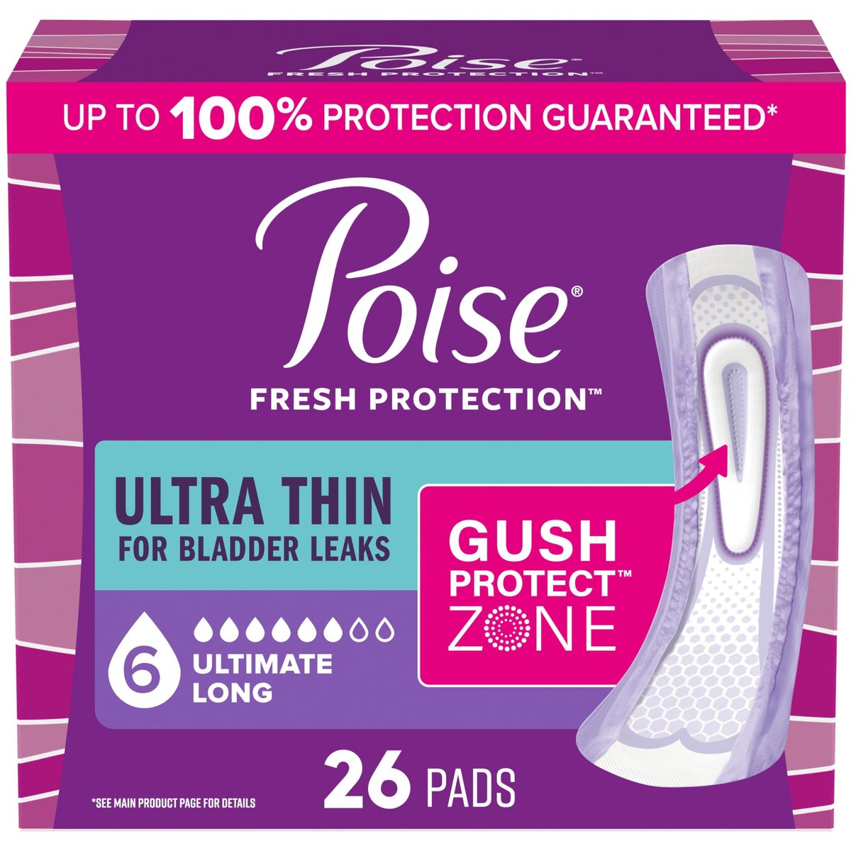 Poise Ultra Thin Inkontinenz- & Wochenbett-Einlagen bei Blasenschwäche, 6 Tropfen Ultimative Saugfähigkeit, Lange Länge, 26 Stück (Verpackung kann variieren)