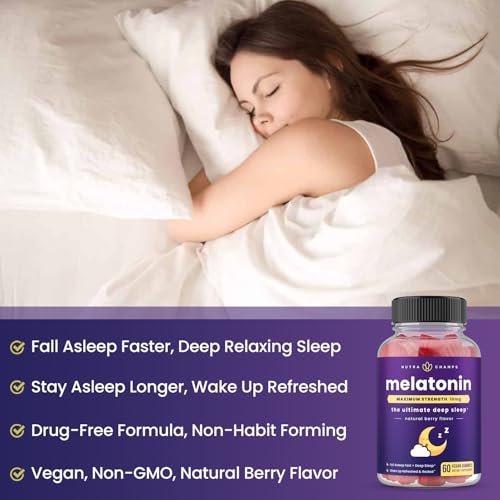 NutraChamps Melatonin Gummies für Erwachsene – Hochdosiertes Schlafmittel mit 5 mg oder 10 mg Dosis, vegane natürliche Erdbeer-Geschmacksrichtung zur Förderung eines gesunden Schlafzyklus, 60 Gummibärchen