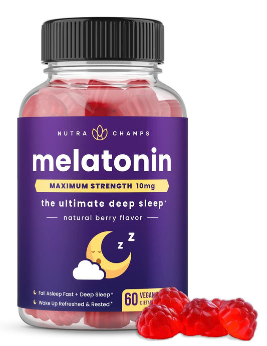 NutraChamps Melatonin Gummies für Erwachsene – Hochdosiertes Schlafmittel mit 5 mg oder 10 mg Dosis, vegane natürliche Erdbeer-Geschmacksrichtung zur Förderung eines gesunden Schlafzyklus, 60 Gummibärchen