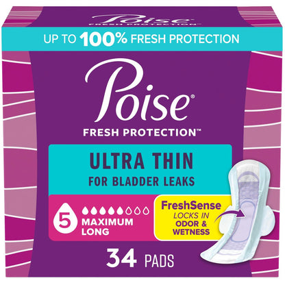 Poise Ultra Thin Inkontinenz- & Wochenbett-Vorlagen mit Flügeln, 5 Tropfen maximale Saugfähigkeit, lange Länge, 34 Stück