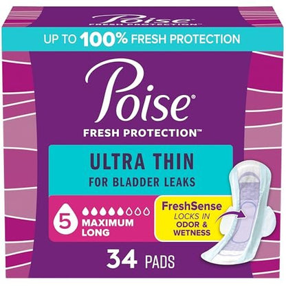 Poise Ultra Thin Inkontinenz- & Wochenbett-Vorlagen mit Flügeln, 5 Tropfen maximale Saugfähigkeit, lange Länge, 34 Stück