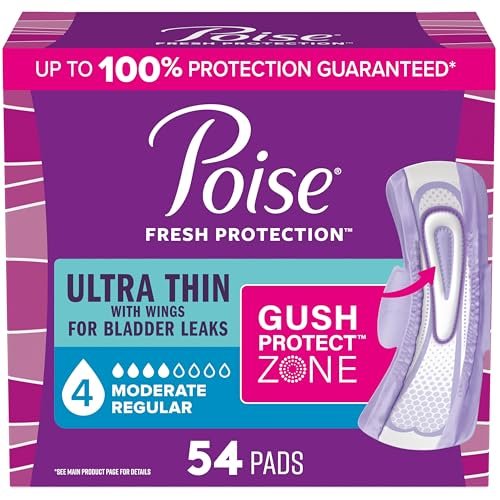 Poise Ultra Thin Inkontinenz- & Wochenbett-Einlagen mit Flügeln bei Blasenschwäche, 4 Tropfen mittlere Saugstärke, normale Länge, 54 Stück (Verpackung kann variieren)