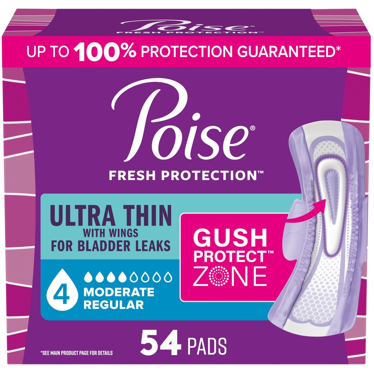 Poise Ultra Thin Inkontinenz- & Wochenbett-Einlagen mit Flügeln bei Blasenschwäche, 4 Tropfen mittlere Saugstärke, normale Länge, 54 Stück (Verpackung kann variieren)