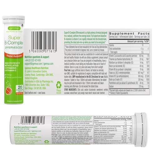 Igennus Super B-Complex Methylated – 20 Brausetabletten, flüssiges B-Vitamin-Präparat, schneller Energie-Drink, koffein- & zuckerfrei, Orangen-Geschmack, vegan