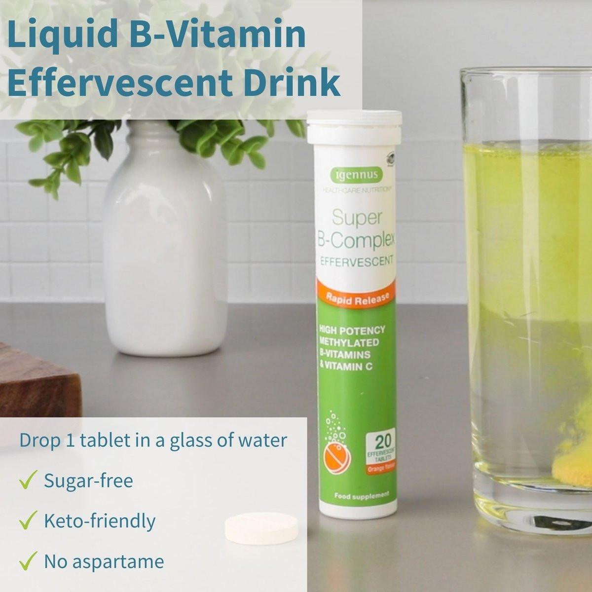 Igennus Super B-Complex Methylated – 20 Brausetabletten, flüssiges B-Vitamin-Präparat, schneller Energie-Drink, koffein- & zuckerfrei, Orangen-Geschmack, vegan