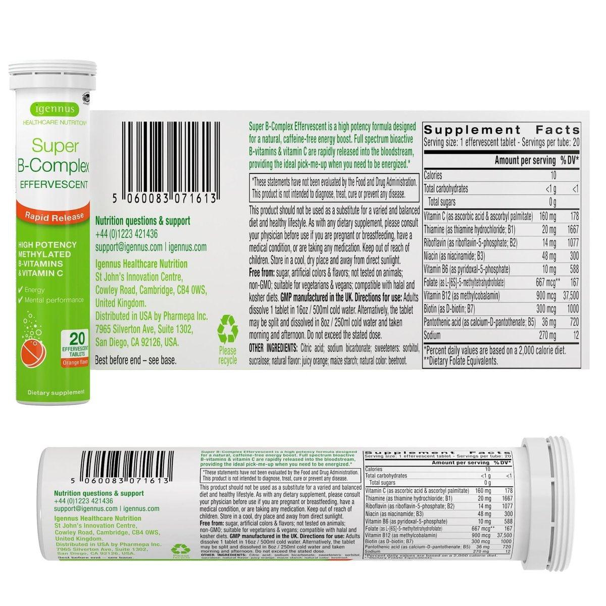 Igennus Super B-Complex Methylated – 20 Brausetabletten, flüssiges B-Vitamin-Präparat, schneller Energie-Drink, koffein- & zuckerfrei, Orangen-Geschmack, vegan