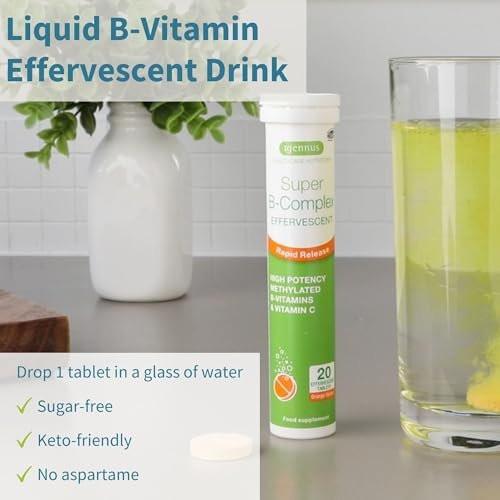 Igennus Super B-Complex Methylated – 20 Brausetabletten, flüssiges B-Vitamin-Präparat, schneller Energie-Drink, koffein- & zuckerfrei, Orangen-Geschmack, vegan