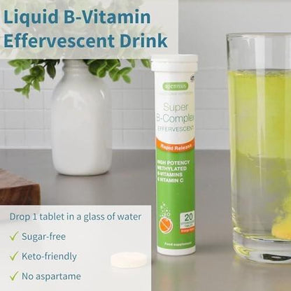 Igennus Super B-Complex Methylated – 20 Brausetabletten, flüssiges B-Vitamin-Präparat, schneller Energie-Drink, koffein- & zuckerfrei, Orangen-Geschmack, vegan