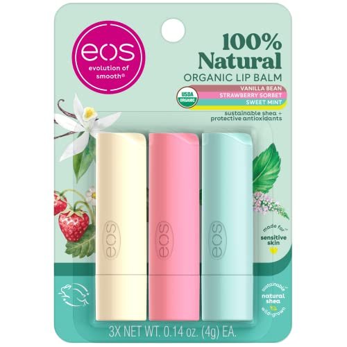 eos 100% Natürlicher & Bio Lippenbalsam Trio – Vanille, Minze & Erdbeer-Sorbet, für empfindliche Haut, Lippenpflege, 0,14 oz, 3er-Pack