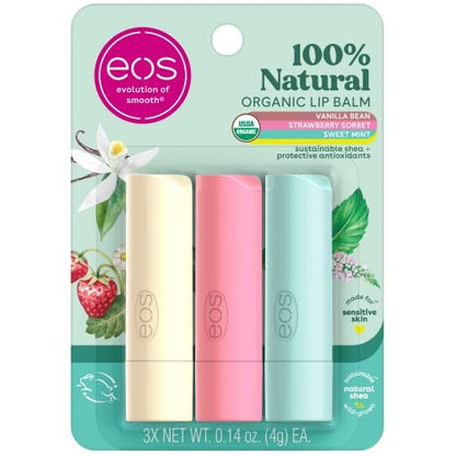 eos 100% Natürlicher & Bio Lippenbalsam Trio – Vanille, Minze & Erdbeer-Sorbet, für empfindliche Haut, Lippenpflege, 0,14 oz, 3er-Pack