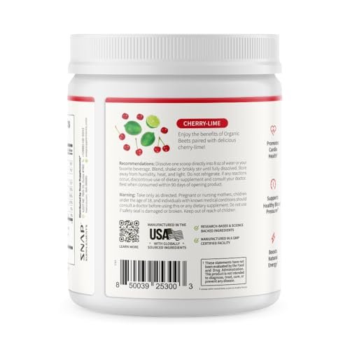 Snap Supplements Bio Rote Bete Pulver mit Nitric-Oxid-Booster für Männer & Frauen, Rote Spinat & Granatapfel, Unterstützt gesunde Energie & Blutdruck (bereits im normalen Bereich), 30 Portionen, Kirsche-Limette