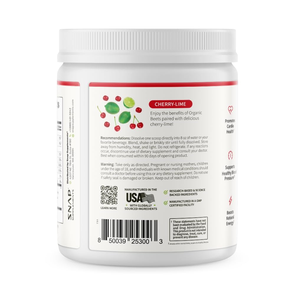 Snap Supplements Bio Rote Bete Pulver mit Nitric-Oxid-Booster für Männer & Frauen, Rote Spinat & Granatapfel, Unterstützt gesunde Energie & Blutdruck (bereits im normalen Bereich), 30 Portionen, Kirsche-Limette