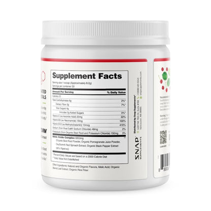 Snap Supplements Bio Rote Bete Pulver mit Nitric-Oxid-Booster für Männer & Frauen, Rote Spinat & Granatapfel, Unterstützt gesunde Energie & Blutdruck (bereits im normalen Bereich), 30 Portionen, Kirsche-Limette