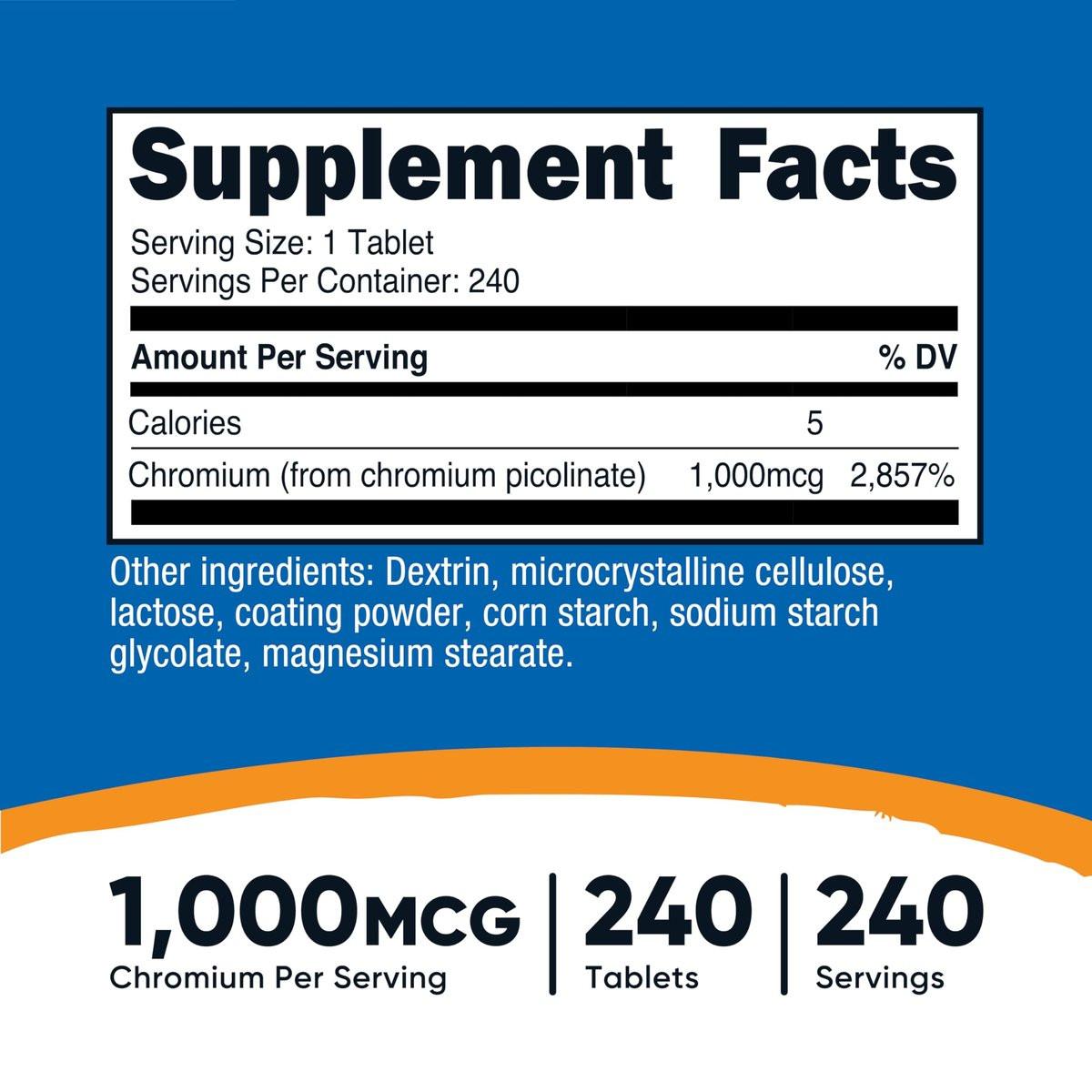 Nutricost Chromium 1000mcg, 240 Tabletten – Glutenfrei, Nicht-GVO