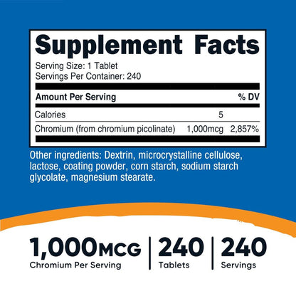 Nutricost Chromium 1000mcg, 240 Tabletten – Glutenfrei, Nicht-GVO