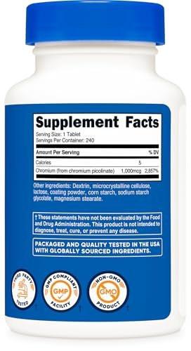 Nutricost Chromium 1000mcg, 240 Tabletten – Glutenfrei, Nicht-GVO