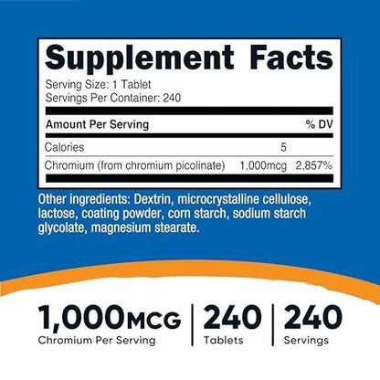 Nutricost Chromium 1000mcg, 240 Tabletten – Glutenfrei, Nicht-GVO