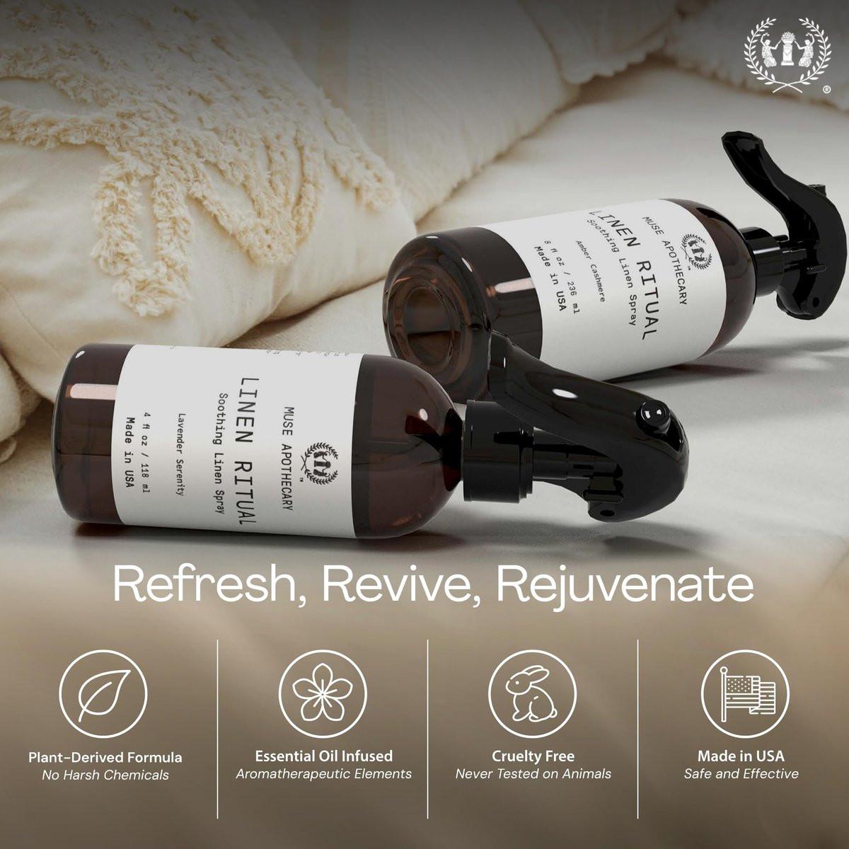 Muse Apothecary Linen Ritual – Aromatischer, beruhigender und entspannender Leinenspray für Bettwäsche, Wäsche und Stoffe – Mit ätherischen Ölen der Aromatherapie – Lavendel Serenity (237 ml)