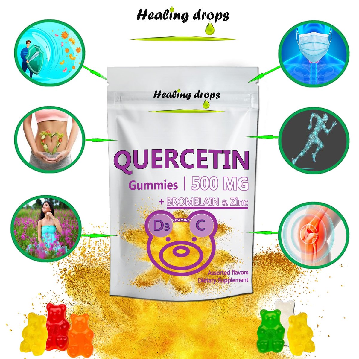 HEALING DROPS Quercetin mit Bromelain Gummibärchen – Vitamin C + Zink + Vitamin D3 – Quercetin 500 mg Gummis für Kinder und Erwachsene (50 Stück)