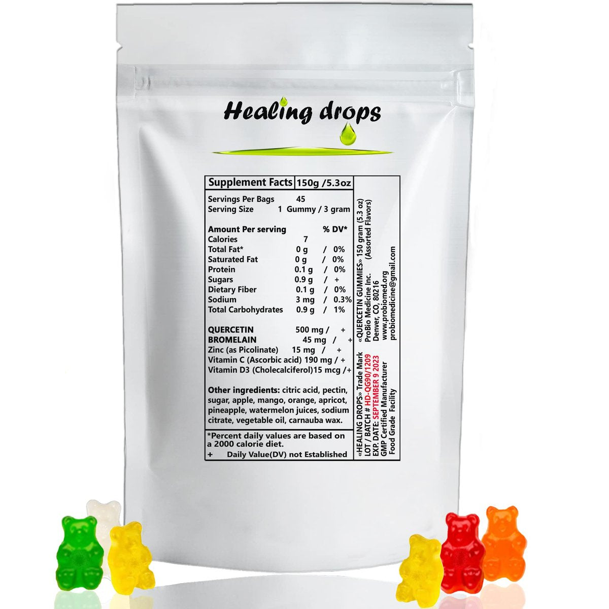 HEALING DROPS Quercetin mit Bromelain Gummibärchen – Vitamin C + Zink + Vitamin D3 – Quercetin 500 mg Gummis für Kinder und Erwachsene (50 Stück)