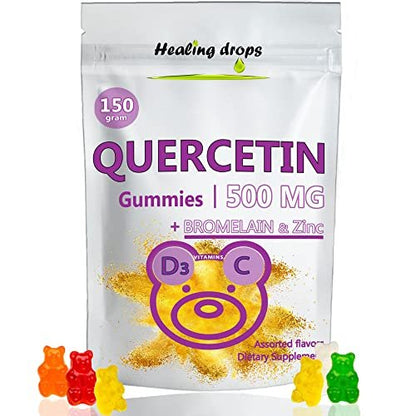 HEALING DROPS Quercetin mit Bromelain Gummibärchen – Vitamin C + Zink + Vitamin D3 – Quercetin 500 mg Gummis für Kinder und Erwachsene (50 Stück)