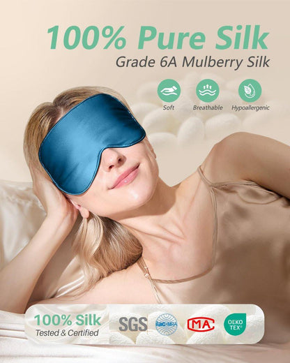 BeeVines 100% echte Maulbeerseiden-Schlafmaske 2er-Pack, reine Seiden-Augenmasken mit verstellbarem Riemen für Schlaf, 100% Lichtblockade, reduziert Augenringe, Reisegeschenk (Schwarz & Pfauenblau)
