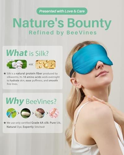 BeeVines 100% echte Maulbeerseiden-Schlafmaske 2er-Pack, reine Seiden-Augenmasken mit verstellbarem Riemen für Schlaf, 100% Lichtblockade, reduziert Augenringe, Reisegeschenk (Schwarz & Pfauenblau)