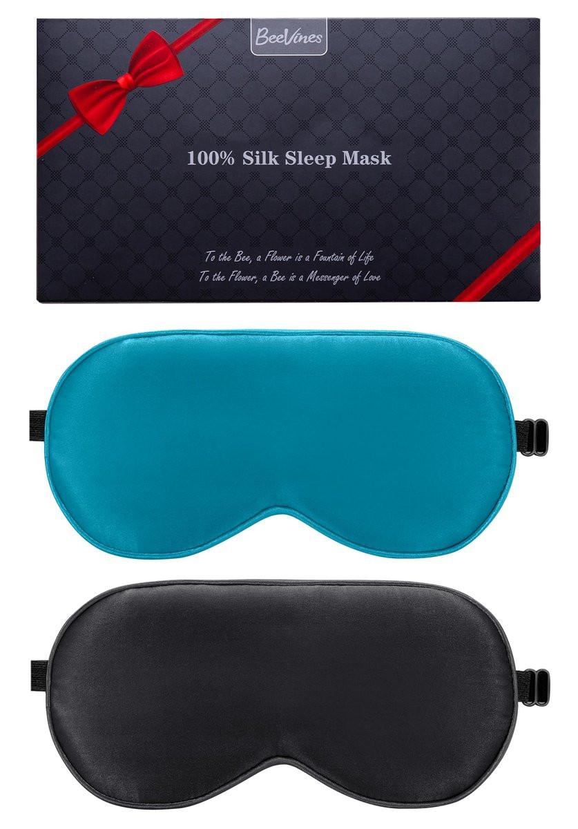 BeeVines 100% echte Maulbeerseiden-Schlafmaske 2er-Pack, reine Seiden-Augenmasken mit verstellbarem Riemen für Schlaf, 100% Lichtblockade, reduziert Augenringe, Reisegeschenk (Schwarz & Pfauenblau)