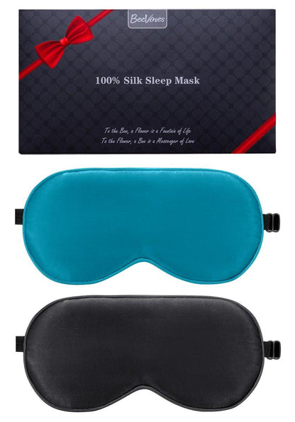 BeeVines 100% echte Maulbeerseiden-Schlafmaske 2er-Pack, reine Seiden-Augenmasken mit verstellbarem Riemen für Schlaf, 100% Lichtblockade, reduziert Augenringe, Reisegeschenk (Schwarz & Pfauenblau)