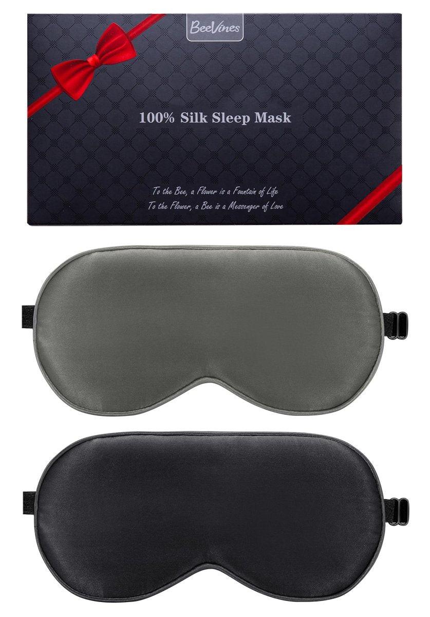 BeeVines 100% Echter Maulbeerseiden Schlafmaske 2er-Pack, Reine Seiden Augenmasken mit verstellbarem Band für erholsamen Schlaf, 100% Lichtblockade, reduziert Augenringe, Reisegeschenk (Schwarz & Galaxie Grau)
