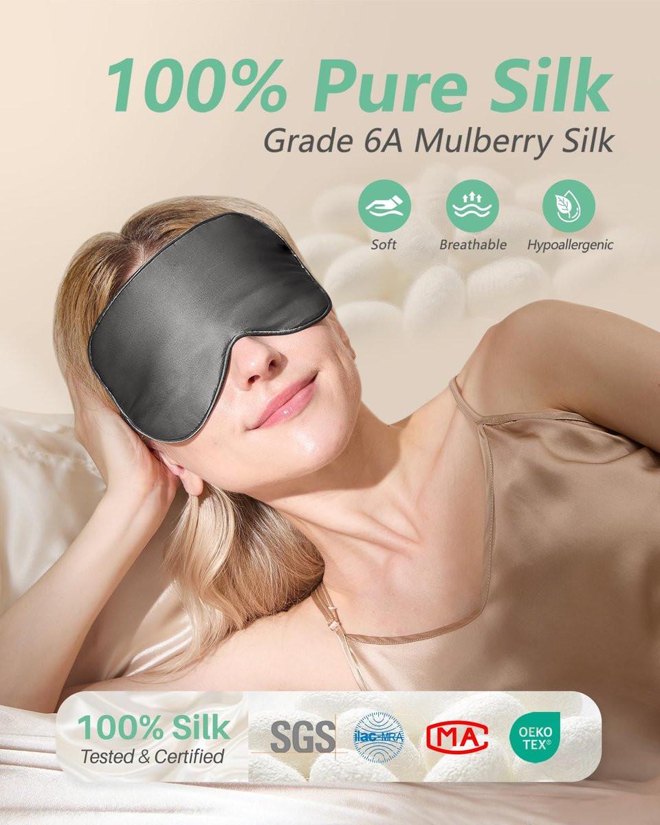 BeeVines 100% Echter Maulbeerseiden Schlafmaske 2er-Pack, Reine Seiden Augenmasken mit verstellbarem Band für erholsamen Schlaf, 100% Lichtblockade, reduziert Augenringe, Reisegeschenk (Schwarz & Galaxie Grau)
