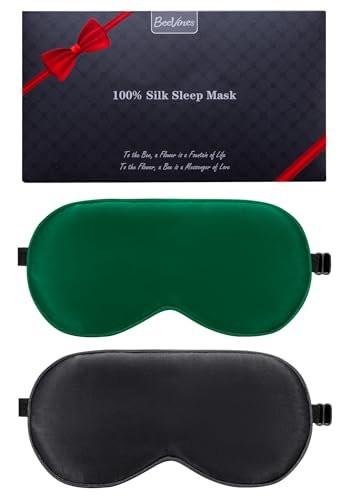 BeeVines 100% Echte Maulbeerseide Schlafmaske 2er-Pack, Reine Seide Augenmaske mit verstellbarem Band für erholsamen Schlaf, 100% Lichtblockade, reduziert Augenringe, Reisegeschenk (Schwarz & Smaragdgrün)