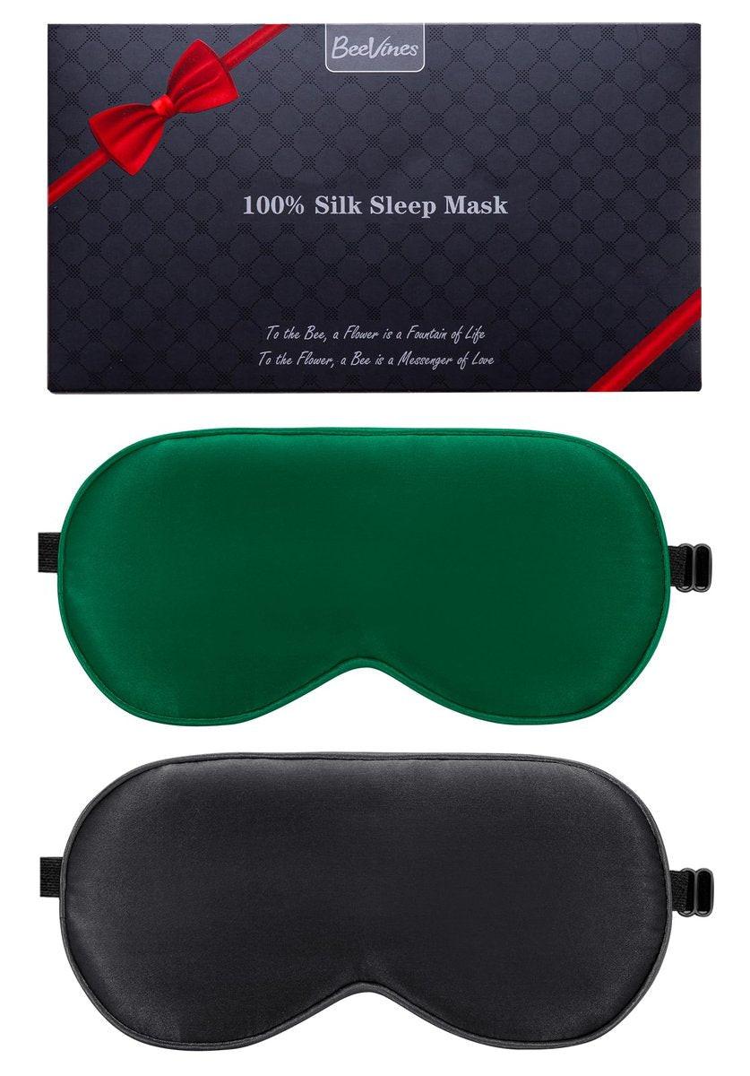 BeeVines 100% Echte Maulbeerseide Schlafmaske 2er-Pack, Reine Seide Augenmaske mit verstellbarem Band für erholsamen Schlaf, 100% Lichtblockade, reduziert Augenringe, Reisegeschenk (Schwarz & Smaragdgrün)