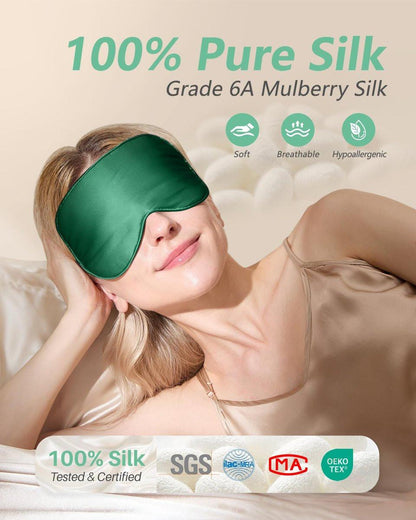 BeeVines 100% Echte Maulbeerseide Schlafmaske 2er-Pack, Reine Seide Augenmaske mit verstellbarem Band für erholsamen Schlaf, 100% Lichtblockade, reduziert Augenringe, Reisegeschenk (Schwarz & Smaragdgrün)