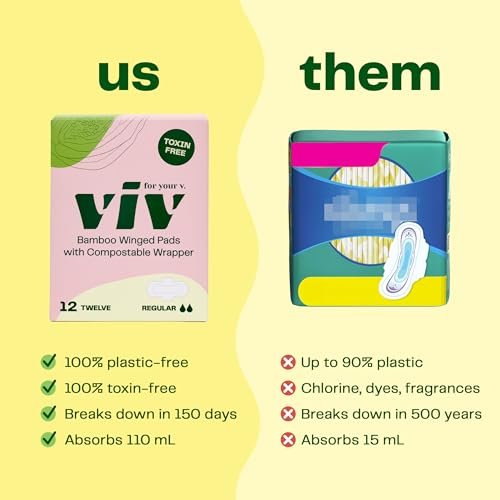 Viv for Your V Bamboo Bio-Binden für Frauen | Weich, dünn, saugfähig mit Flügeln | Ungiftig, umweltfreundlich | Geschenk für frischgebackene Mütter | Normale Saugfähigkeit (12er Pack)