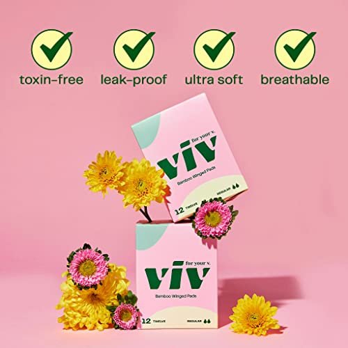 Viv for Your V Bamboo Bio-Binden für Frauen | Weich, dünn, saugfähig mit Flügeln | Ungiftig, umweltfreundlich | Geschenk für frischgebackene Mütter | Normale Saugfähigkeit (12er Pack)
