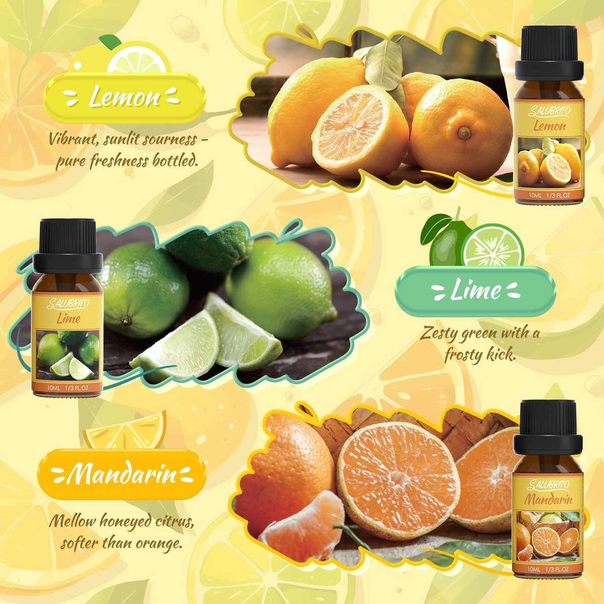 Salubrito Zitrus-Öle Set für Diffuser, Duftöl | Süße Orange, Bergamotte, Zitrone, Grapefruit, Mandarine, Limette Aromaöl für Seifen- und Kerzenherstellung