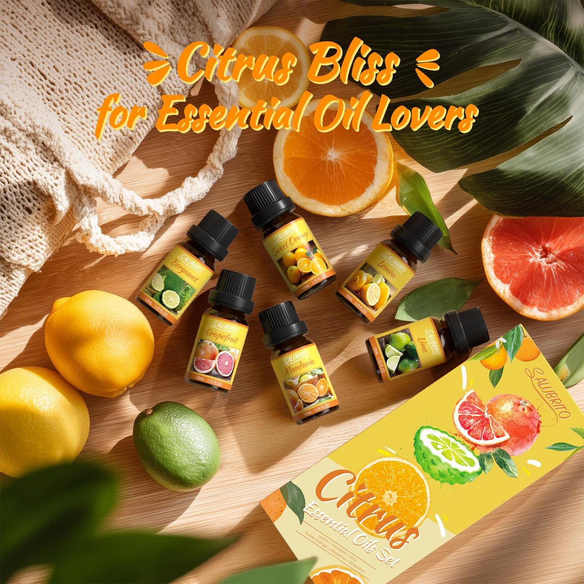 Salubrito Zitrus-Öle Set für Diffuser, Duftöl | Süße Orange, Bergamotte, Zitrone, Grapefruit, Mandarine, Limette Aromaöl für Seifen- und Kerzenherstellung
