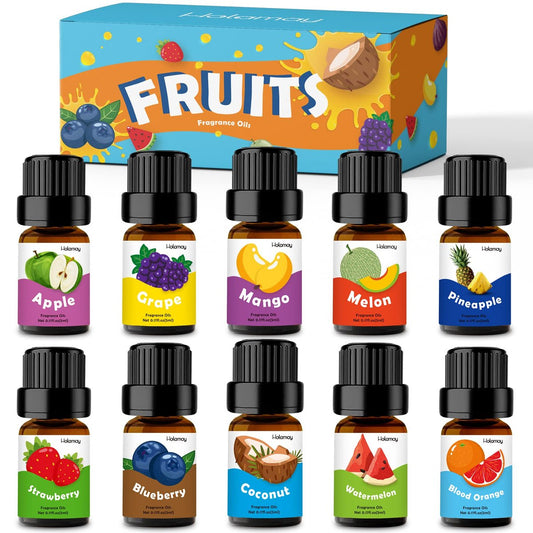 Holamay Premium Fruchtige Duftöle Set, 10x5ml – Kokosnuss, Erdbeere, Mango, Ananas & mehr für Diffuser, Kerzen- und Seifenherstellung, Sommeröl Geschenkset