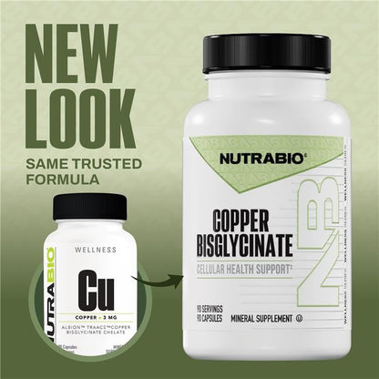 NutraBio Chelatiertes Kupfer Bisglycinat (3 mg) – Immununterstützung – 90 Kapseln