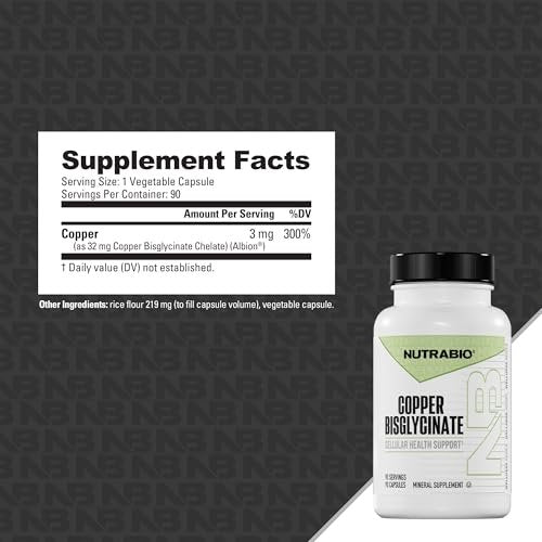 NutraBio Chelatiertes Kupfer Bisglycinat (3 mg) – Immununterstützung – 90 Kapseln