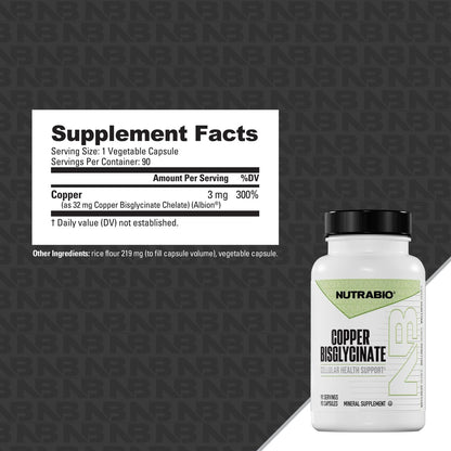 NutraBio Chelatiertes Kupfer Bisglycinat (3 mg) – Immununterstützung – 90 Kapseln