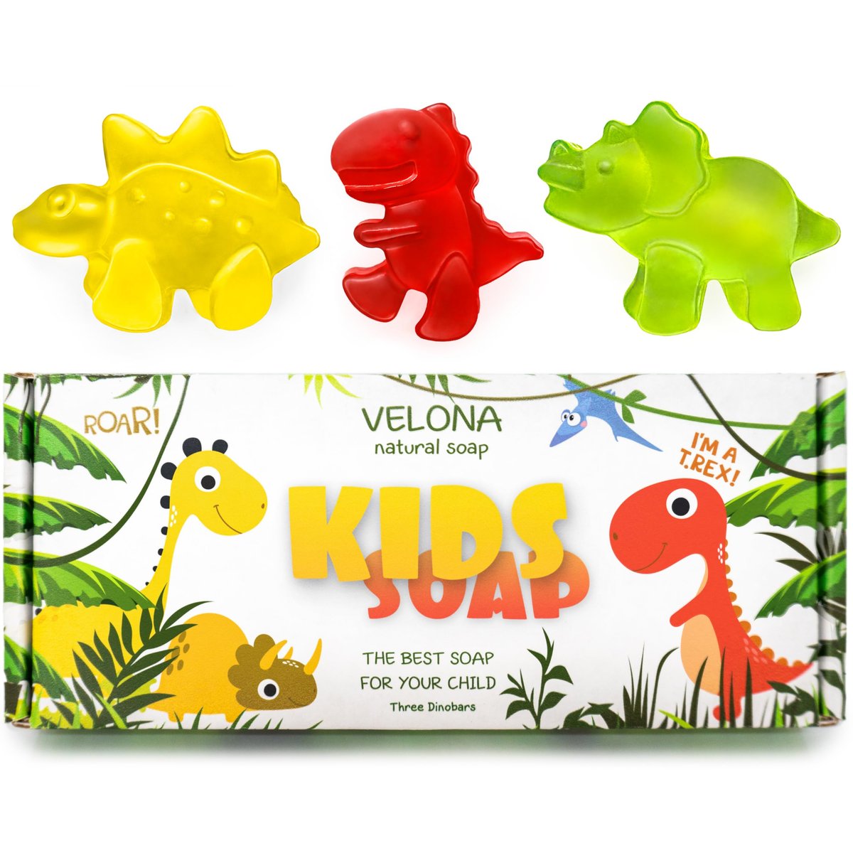 velona Kids Soap – 3 Dinobars | Geschenk für Jungen und Mädchen | Bunte Dinosaurier für alle Hauttypen | Natürliche Öle und Inhaltsstoffe, Badespaß für Kinder | Hergestellt in den USA (3 Stück)