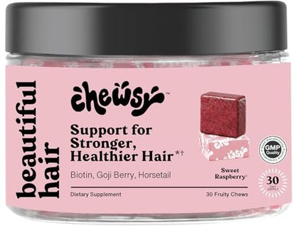 Chewsy - Beautiful Hair - Unterstützung für stärkeres, gesundes Haar - mit Biotin, Schachtelhalmextrakt, Goji-Beere & Vitaminen - Himbeer-Geschmack, 30-Tage-Vorrat