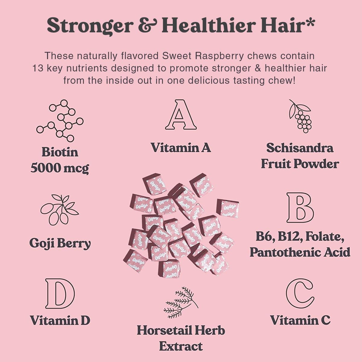 Chewsy - Beautiful Hair - Unterstützung für stärkeres, gesundes Haar - mit Biotin, Schachtelhalmextrakt, Goji-Beere & Vitaminen - Himbeer-Geschmack, 30-Tage-Vorrat