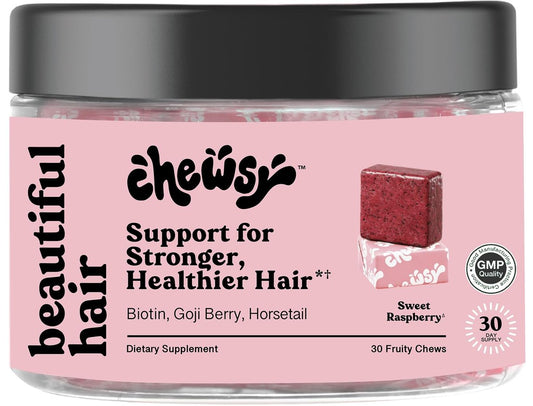 Chewsy - Beautiful Hair - Unterstützung für stärkeres, gesundes Haar - mit Biotin, Schachtelhalmextrakt, Goji-Beere & Vitaminen - Himbeer-Geschmack, 30-Tage-Vorrat