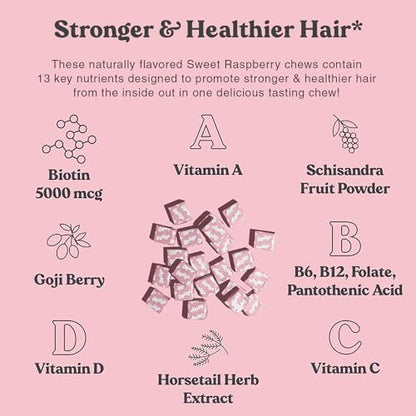 Chewsy - Beautiful Hair - Unterstützung für stärkeres, gesundes Haar - mit Biotin, Schachtelhalmextrakt, Goji-Beere & Vitaminen - Himbeer-Geschmack, 30-Tage-Vorrat