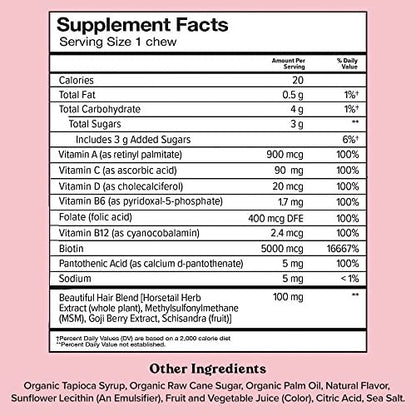 Chewsy - Beautiful Hair - Unterstützung für stärkeres, gesundes Haar - mit Biotin, Schachtelhalmextrakt, Goji-Beere & Vitaminen - Himbeer-Geschmack, 30-Tage-Vorrat