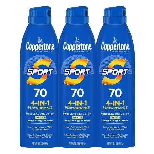 Coppertone SPORT Sonnenschutzspray LSF 70, wasserresistent, Breitband LSF 70, Sonnenschutz im Großpack, 5,5 Oz Spray, 3er-Pack