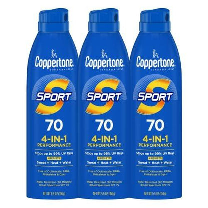 Coppertone SPORT Sonnenschutzspray LSF 70, wasserresistent, Breitband LSF 70, Sonnenschutz im Großpack, 5,5 Oz Spray, 3er-Pack
